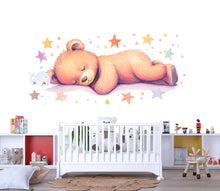 Load image into Gallery viewer, Sleeping Bear Wall Decal • Nursery Bear Sticker • Watercolor Baby Room Decor • Cute Animal Wall Art • Kids Room Mural • Pastel Stars Nursery