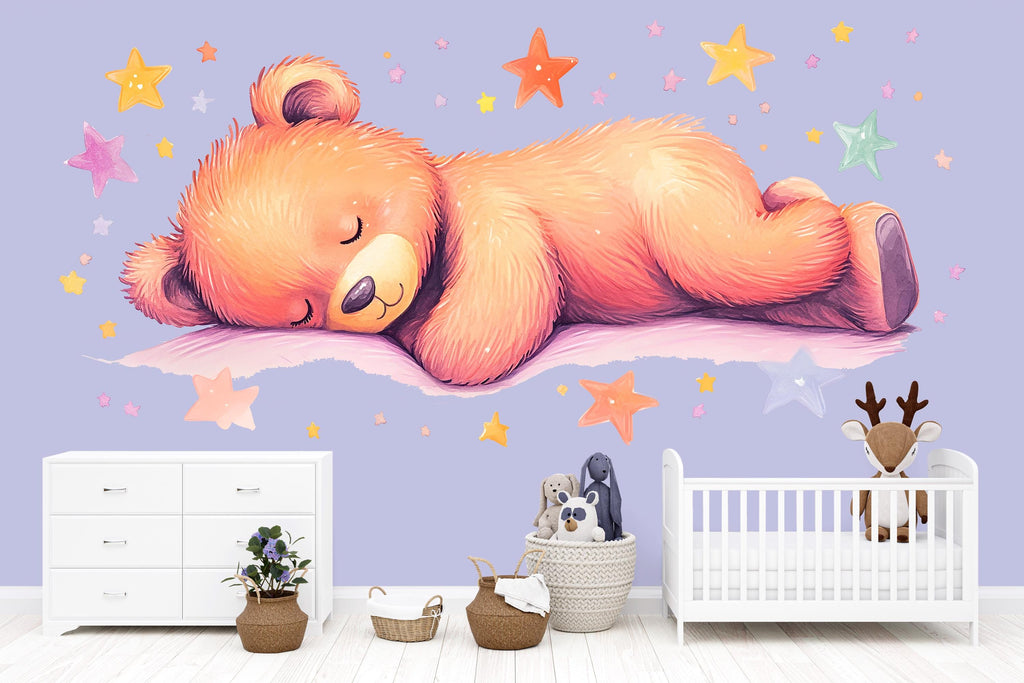 Sleeping Bear Wall Decal • Nursery Bear Sticker • Watercolor Baby Room Decor • Cute Animal Wall Art • Kids Room Mural • Pastel Stars Nursery