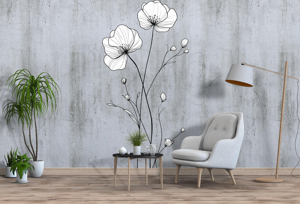 Minimalist Line Art Flower Wall Decal – Large Floral Bedroom Wall Sticker, Modern Boho Wall Art 006mv
