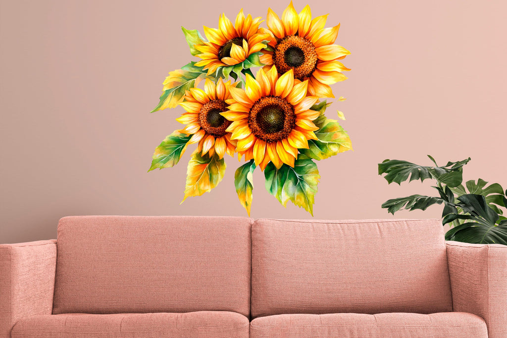 Sunflower Wall Decal – Large Watercolor Flower Mural, Bedroom Accent Wall Decor 012mv