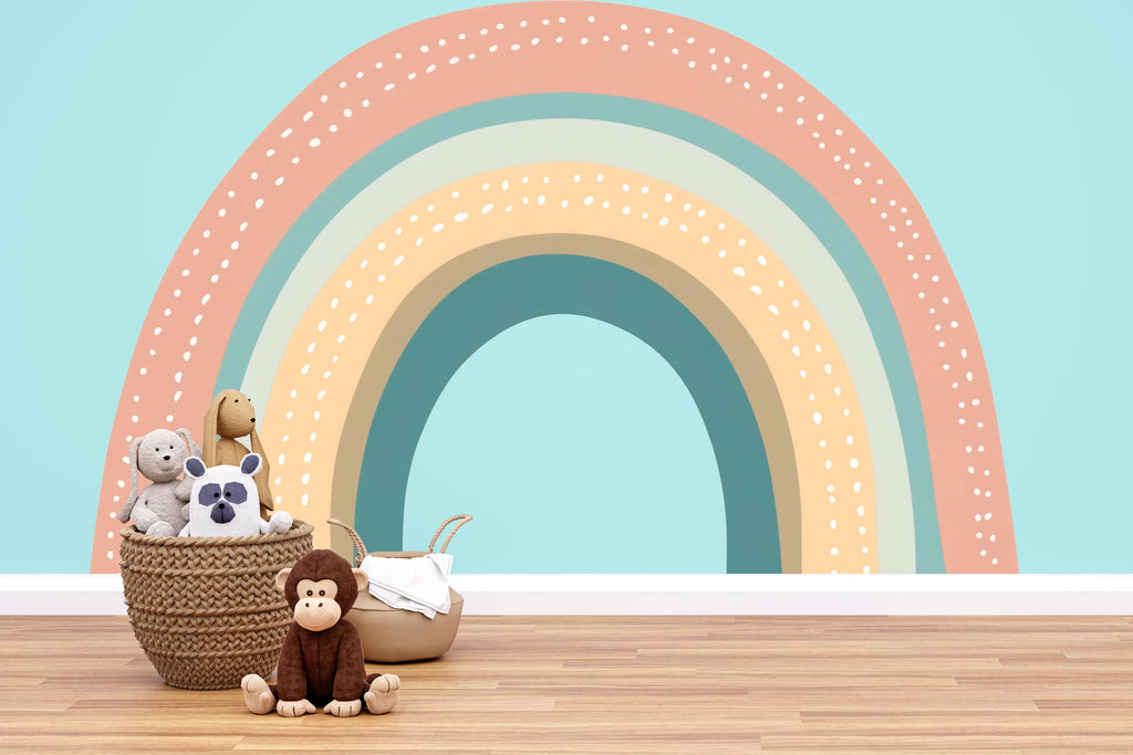Boho Rainbow Nursery Wall Decal – Large Pastel Kids Room Mural, Gender Neutral Baby Decor 014mv