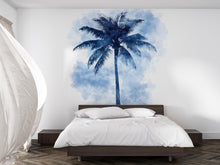Load image into Gallery viewer, Blue Palm Tree Wall Mural – Tropical Bedroom Accent Wall Decal, Coastal Watercolor Art 018mv