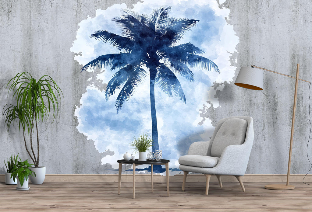 Blue Palm Tree Wall Mural – Tropical Bedroom Accent Wall Decal, Coastal Watercolor Art 018mv