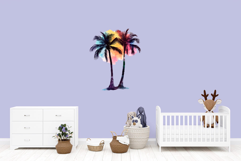 Tropical Palm Tree Nursery Wall Decal – Colorful Boho Beach Mural for Baby Room 019mv