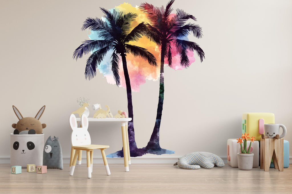 Tropical Palm Tree Nursery Wall Decal – Colorful Boho Beach Mural for Baby Room 019mv