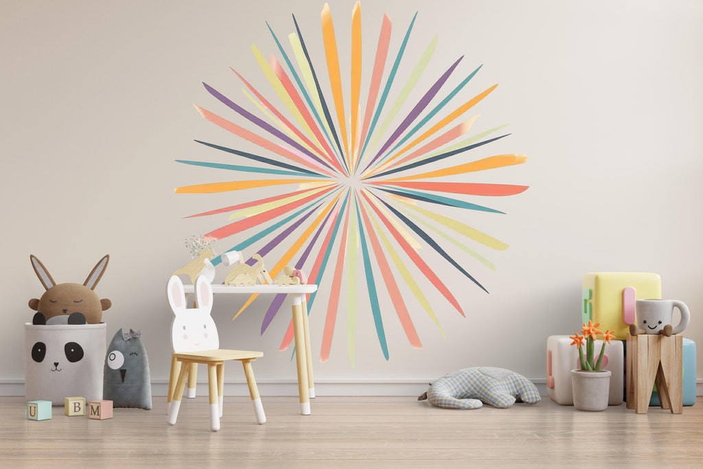 Boho Sunburst Wall Decal – Large Rainbow Starburst Bedroom Accent Wall Mural 023mv
