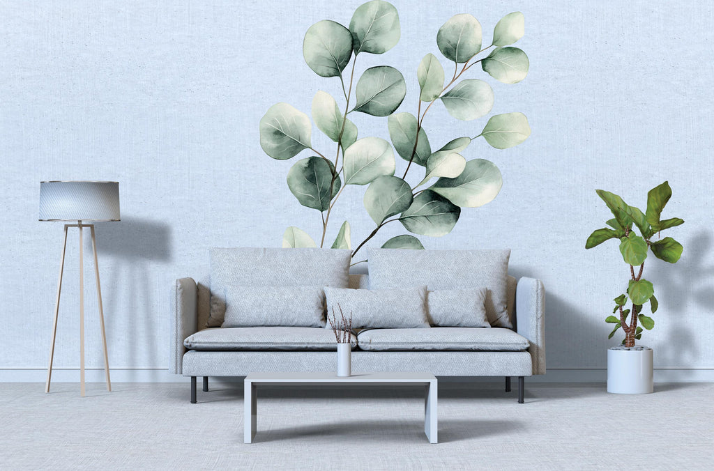 Eucalyptus Wall Decal – Large Watercolor Leaf Bedroom Accent Wall Mural 024mv