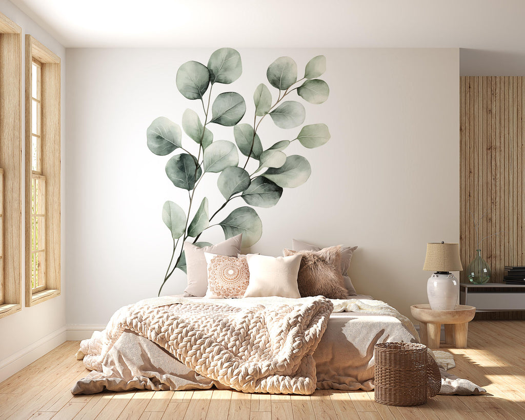 Eucalyptus Wall Decal – Large Watercolor Leaf Bedroom Accent Wall Mural 024mv