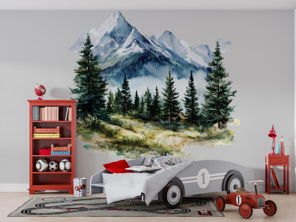 Mountain Forest Wall Mural – Kids Room Adventure Wall Decal, Watercolor Nursery Decor 030mv
