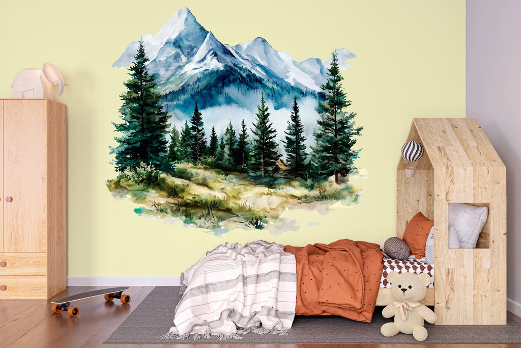 Mountain Forest Wall Mural – Kids Room Adventure Wall Decal, Watercolor Nursery Decor 030mv