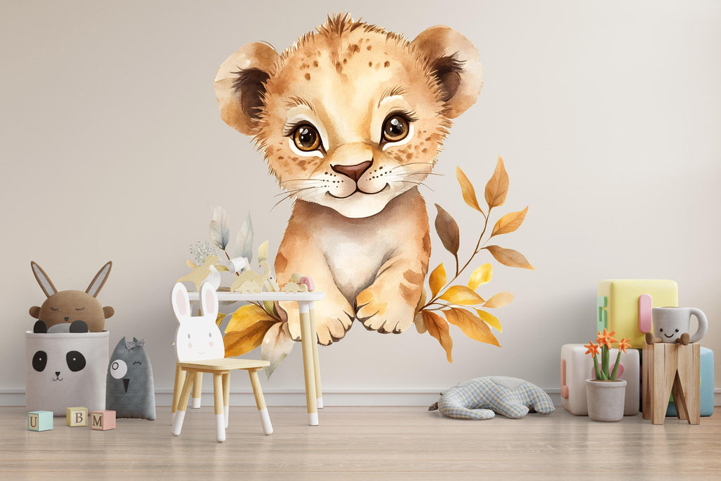 Cute Lion Cub Nursery Wall Decal – Safari Baby Room Wall Art, Gender Neutral Kids Decor 031mv