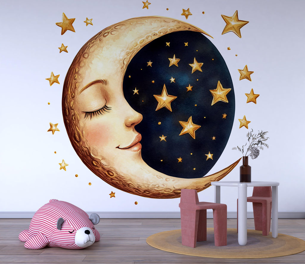 Moon and Stars Nursery Wall Decal – Gold Celestial Baby Room Wall Art 033mv