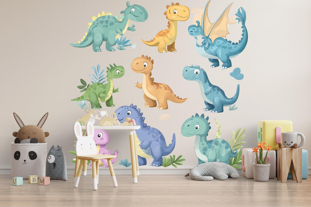 Dinosaur Wall Decal Set – Cute Kids Room Mural, Dinosaur Nursery & Playroom Decor 034mv