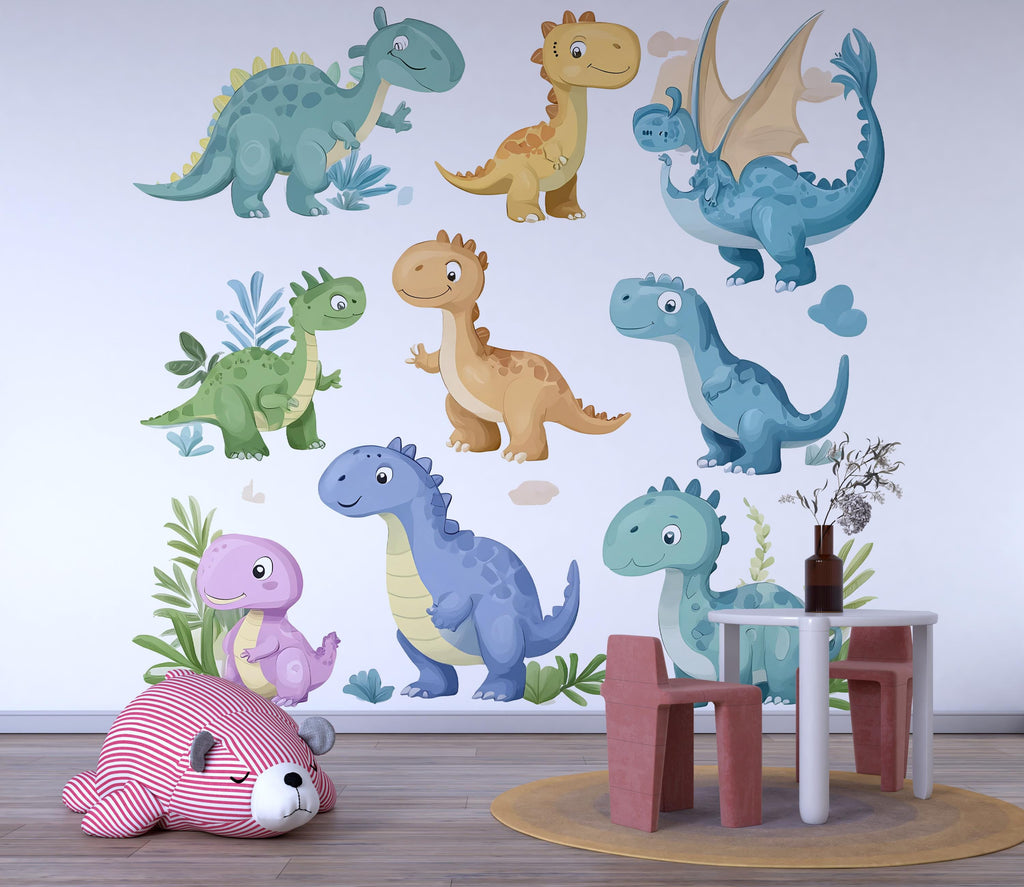 Dinosaur Wall Decal Set – Cute Kids Room Mural, Dinosaur Nursery & Playroom Decor 034mv
