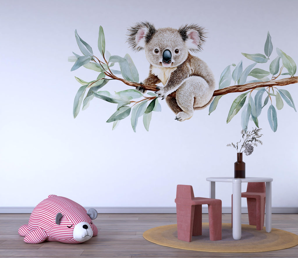 Koala Wall Decal • Nursery Koala Sticker • Cute Baby Room Wall Decor • Watercolor Animal Mural • Eucalyptus Branch Wall Sticker • Kids Room