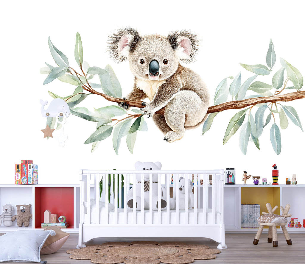 Koala Wall Decal • Nursery Koala Sticker • Cute Baby Room Wall Decor • Watercolor Animal Mural • Eucalyptus Branch Wall Sticker • Kids Room