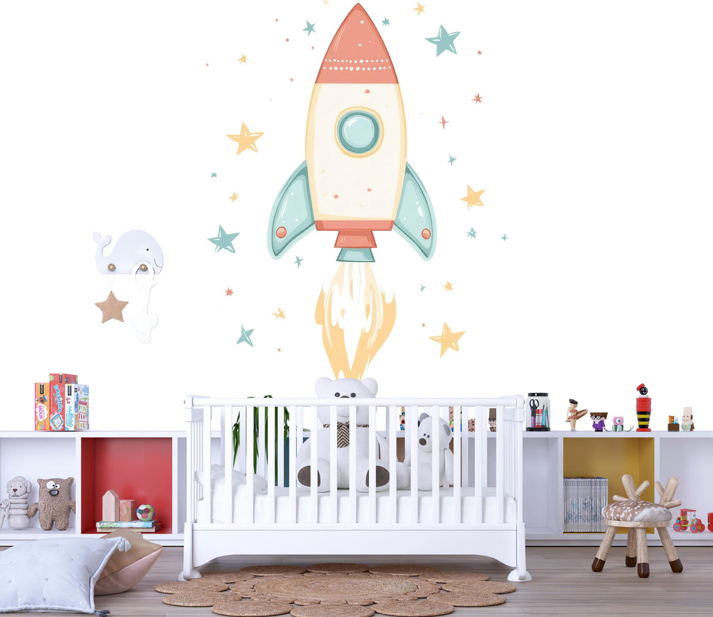 Rocket Ship Wall Decal – Space Nursery Kids Room Wall Art, Playroom Decor 038mv