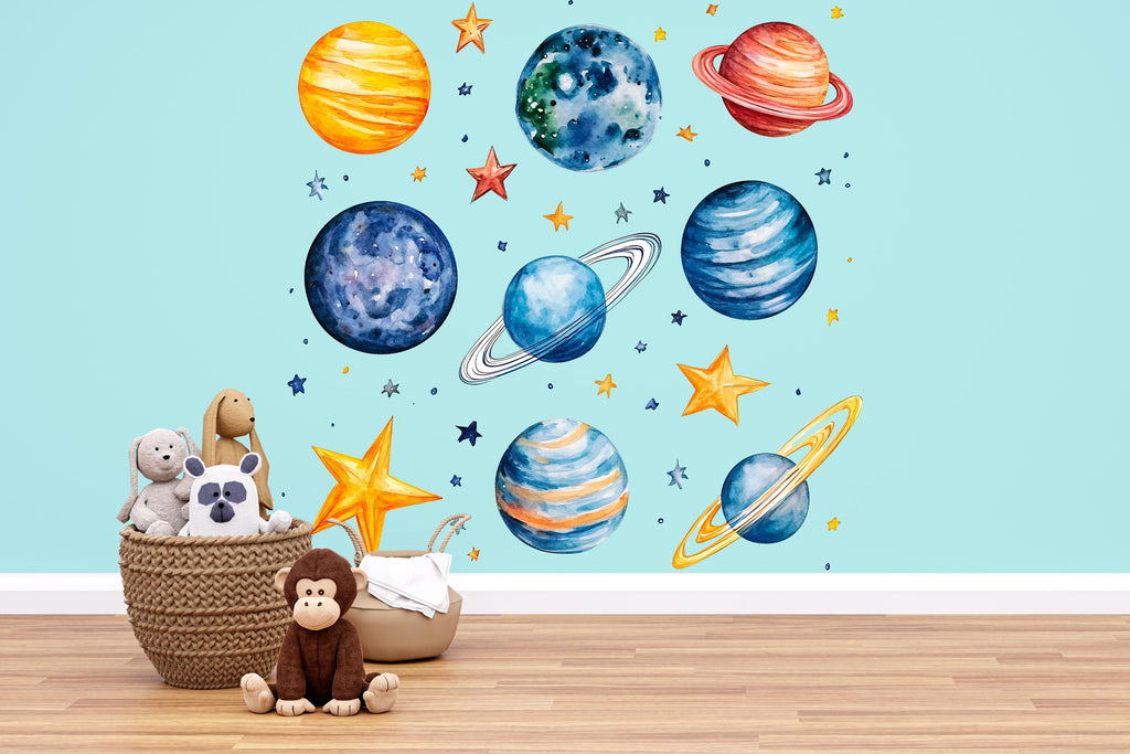 Watercolor Planet Wall Decals – Solar System Nursery Wall Art, Kids Space Room Decor 039mv