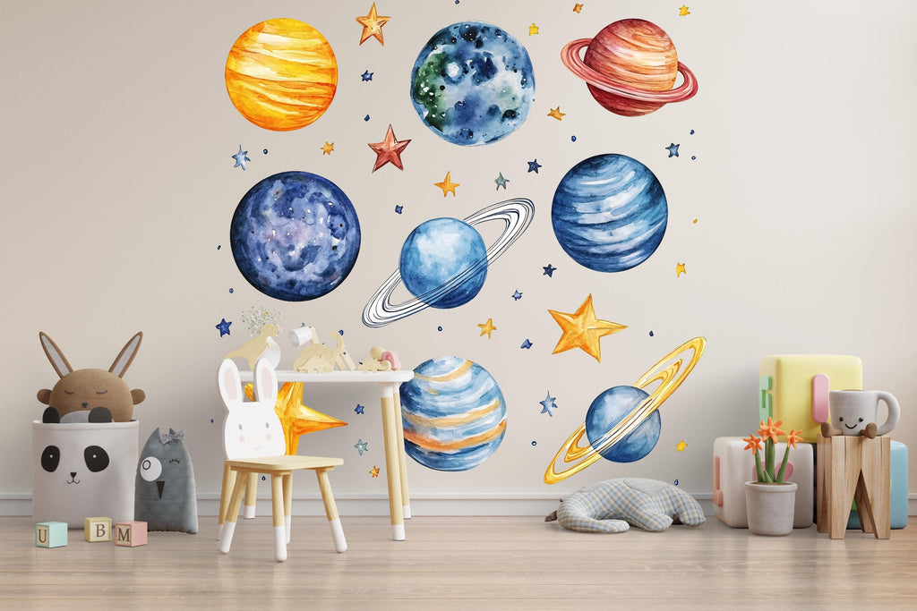 Watercolor Planet Wall Decals – Solar System Nursery Wall Art, Kids Space Room Decor 039mv