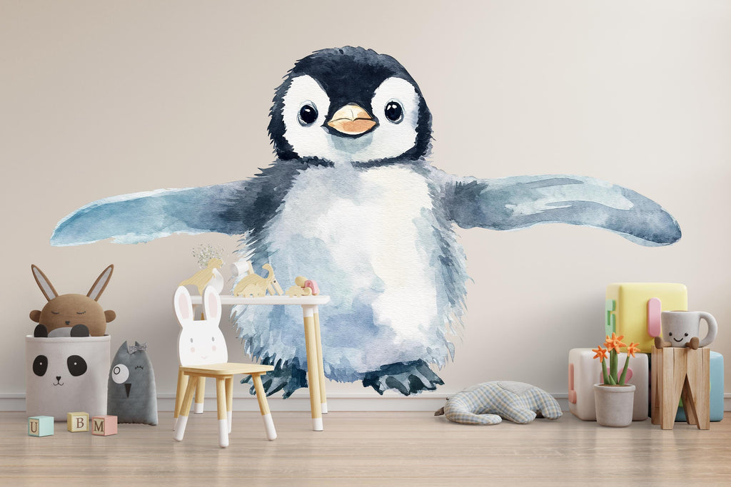 Giant Penguin Nursery Wall Decal – Watercolor Baby Animal Kids Room Wall Art 042mv