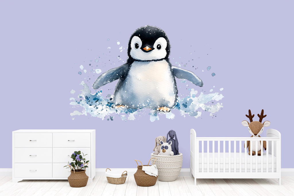 Watercolor Penguin Nursery Wall Decal – Large Baby Penguin Kids Room Wall Art 045mv