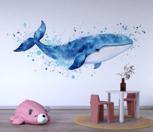 Load image into Gallery viewer, Watercolor Whale Wall Decal • Ocean Nursery Sticker • Blue Whale Mural • Kids Room Sea Animal Decor • Baby Boy Nursery Wall Art