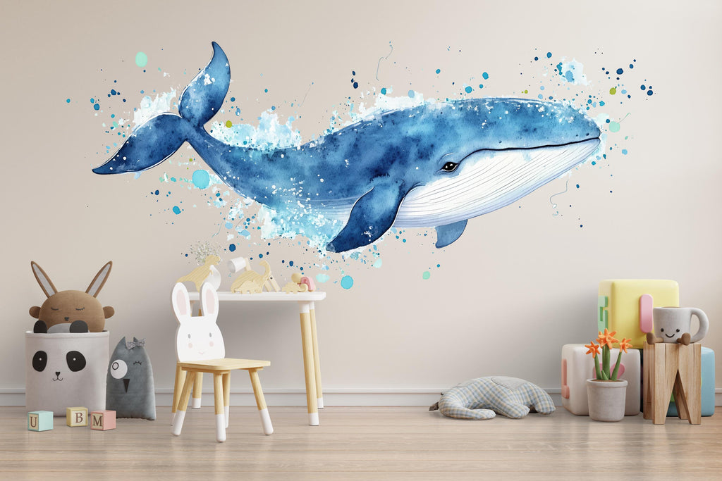Watercolor Whale Wall Decal • Ocean Nursery Sticker • Blue Whale Mural • Kids Room Sea Animal Decor • Baby Boy Nursery Wall Art