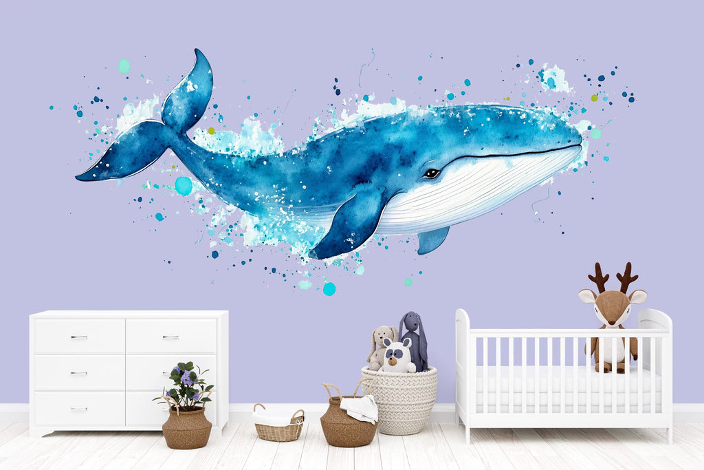Watercolor Whale Wall Decal • Ocean Nursery Sticker • Blue Whale Mural • Kids Room Sea Animal Decor • Baby Boy Nursery Wall Art