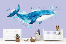 Load image into Gallery viewer, Watercolor Whale Wall Decal • Ocean Nursery Sticker • Blue Whale Mural • Kids Room Sea Animal Decor • Baby Boy Nursery Wall Art