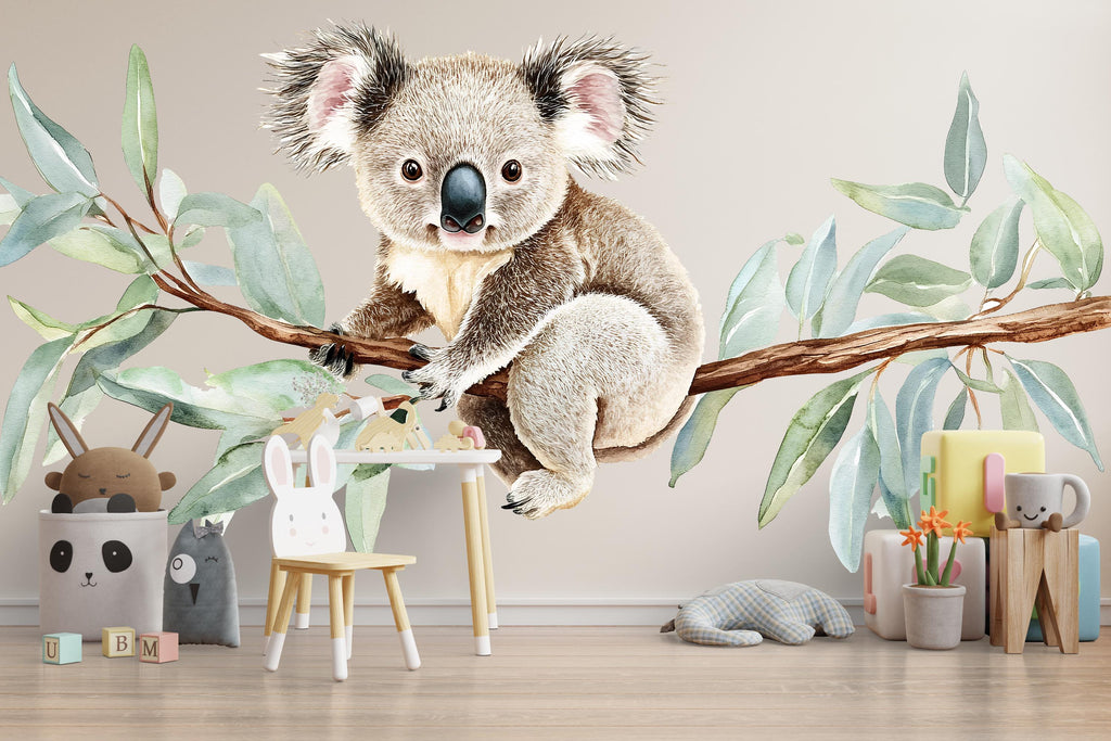 Koala Nursery Wall Decal – Watercolor Koala on Eucalyptus Branch, Baby Room Wall Art 049mv
