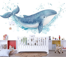 Load image into Gallery viewer, Watercolor Whale Nursery Wall Decal – Large Ocean Baby Room Wall Art Above Crib 051mv