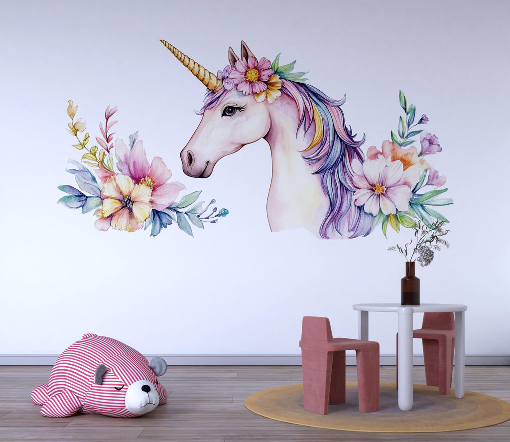 Unicorn Nursery Wall Decal – Floral Pastel Unicorn Above Crib, Girls Bedroom Wall Art 055mv