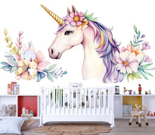 Load image into Gallery viewer, Unicorn Nursery Wall Decal – Floral Pastel Unicorn Above Crib, Girls Bedroom Wall Art 055mv