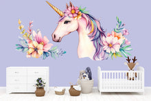 Load image into Gallery viewer, Unicorn Nursery Wall Decal – Floral Pastel Unicorn Above Crib, Girls Bedroom Wall Art 055mv