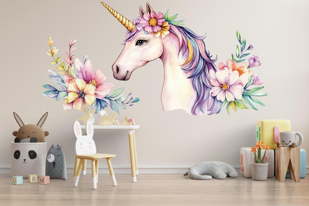 Unicorn Nursery Wall Decal – Floral Pastel Unicorn Above Crib, Girls Bedroom Wall Art 055mv