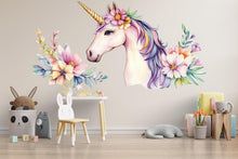 Load image into Gallery viewer, Unicorn Nursery Wall Decal – Floral Pastel Unicorn Above Crib, Girls Bedroom Wall Art 055mv