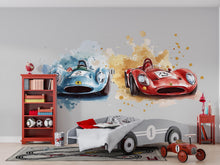 Load image into Gallery viewer, Vintage Race Car Wall Decal for Kids Room – Red &amp; Blue Sports Car Mural Above Bed 060mv