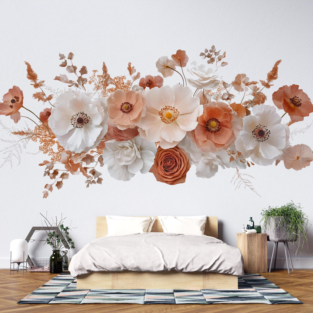 Terracotta Floral Wall Mural for Bedroom – Large Above Bed Flower Wallpaper, Boho Neutral Removable Wall Decal 063mv