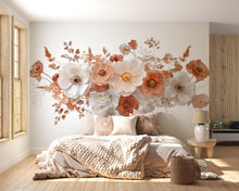 Load image into Gallery viewer, Terracotta Floral Wall Mural for Bedroom – Large Above Bed Flower Wallpaper, Boho Neutral Removable Wall Decal 063mv