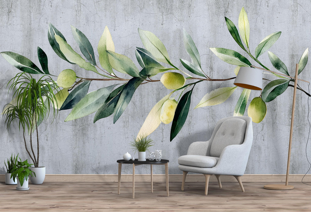 Olive Branch Wall Mural for Bedroom – Large Watercolor Olive Leaf Above Bed Wall Decal 064mv