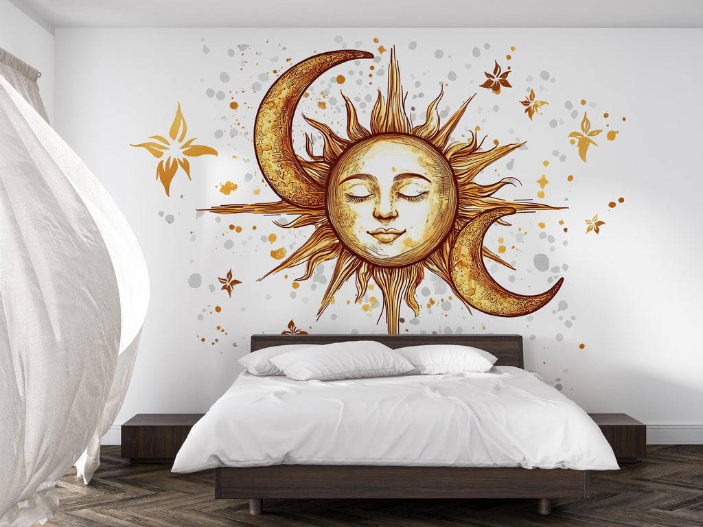 Celestial Sun and Moon Wall Mural – Boho Gold Above Bed Bedroom Wall Decal 065mv