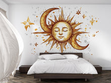 Load image into Gallery viewer, Celestial Sun and Moon Wall Mural – Boho Gold Above Bed Bedroom Wall Decal 065mv