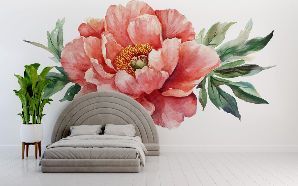 Large Peony Wall Decal – Coral Watercolor Flower Mural Above Bed, Boho Floral Bedroom Wall Art 069mv