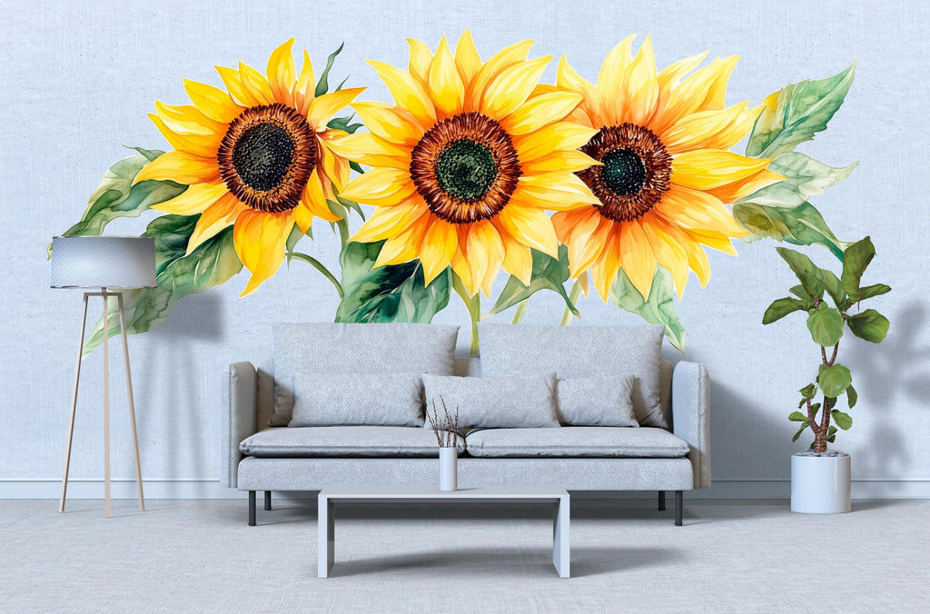 Large Sunflower Wall Decal – Watercolor Sunflower Mural for Living Room, Bright Floral Statement Wall Art 070mv