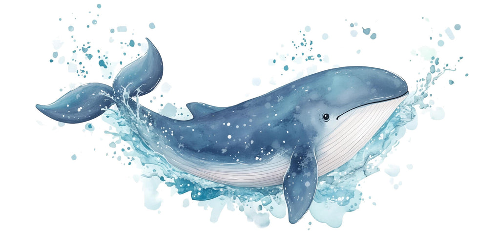 Watercolor Whale Wall Decal • Ocean Nursery Sticker • Blue Splash Whale Mural • Baby Room Sea Animal Decor • Kids Wall Art • Peel & Stick