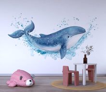 Load image into Gallery viewer, Watercolor Whale Wall Decal • Ocean Nursery Sticker • Blue Splash Whale Mural • Baby Room Sea Animal Decor • Kids Wall Art • Peel &amp; Stick