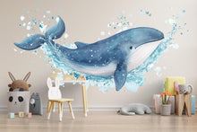 Load image into Gallery viewer, Watercolor Whale Wall Decal • Ocean Nursery Sticker • Blue Splash Whale Mural • Baby Room Sea Animal Decor • Kids Wall Art • Peel &amp; Stick