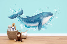 Load image into Gallery viewer, Watercolor Whale Wall Decal • Ocean Nursery Sticker • Blue Splash Whale Mural • Baby Room Sea Animal Decor • Kids Wall Art • Peel &amp; Stick