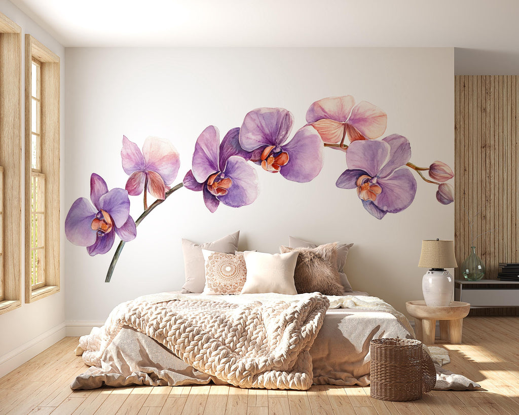 Orchid Wall Decal for Bedroom – Watercolor Purple Flower Branch Mural Above Bed, Large Floral Peel and Stick Wall Art 074mv