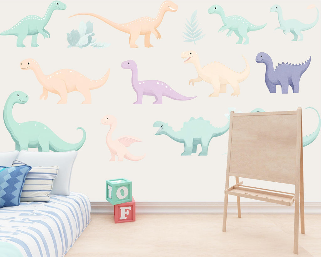 Pastel Dinosaur Wall Decal Set • Cute Dino Nursery Stickers • Baby Room Wall Art • Kids Dino Decor • Peel & Stick Dinosaur Mural • Playroom